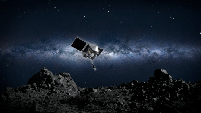 2020년 10월 소행성 ‘베누’에 접근해 암석 샘플을 채취하는 오시리스-렉스 탐사선의 상상도. 미국 항공우주국(NASA) 제공
